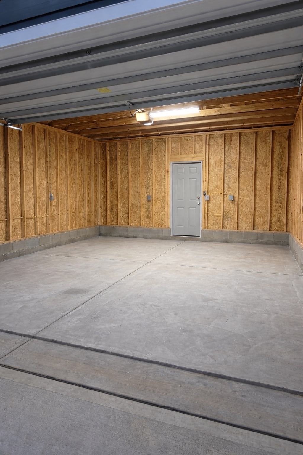 Unfinished two-car garage in Wake Forest, NC -- bare studs and plywood walls before renovation